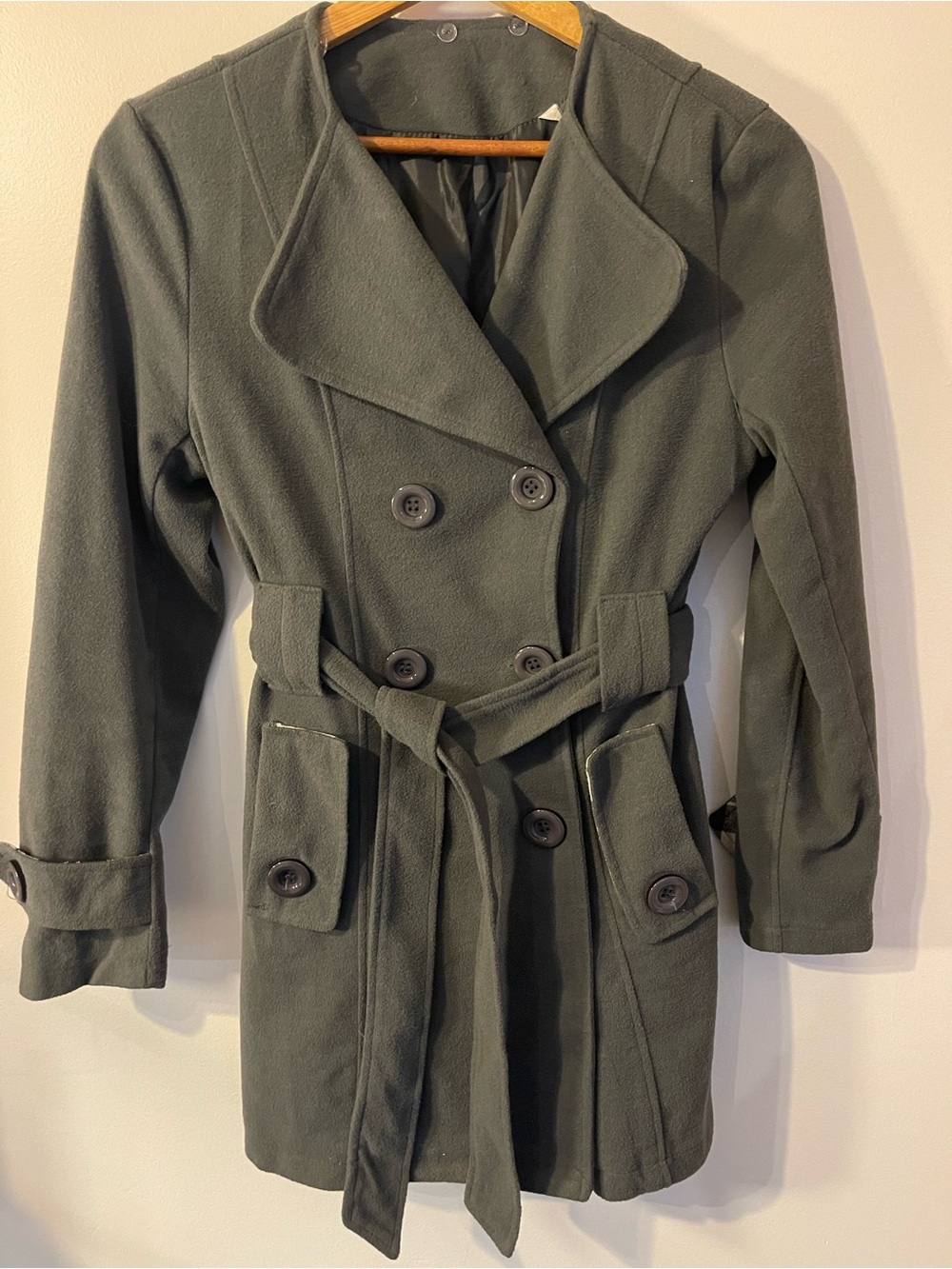 Dark Charcoal Plaid Trim Belted Peacoat Trench S